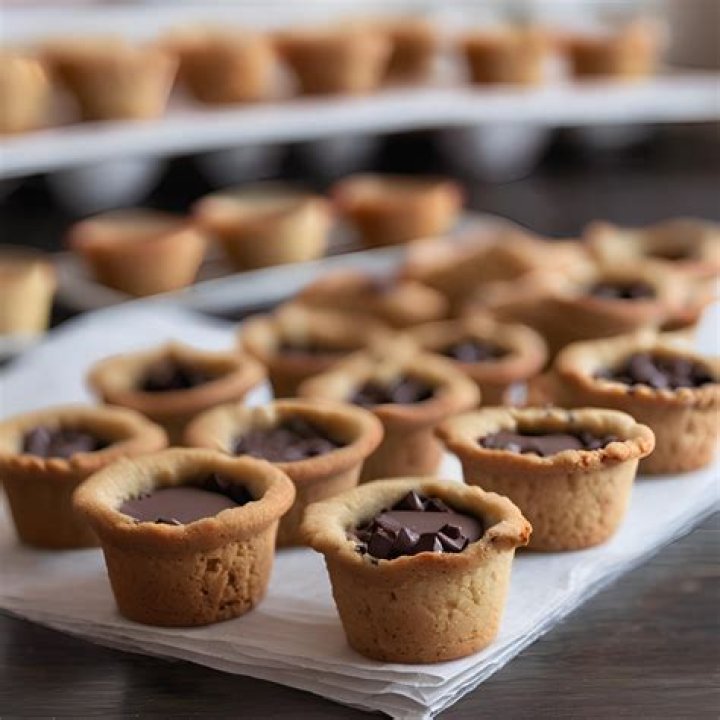 Cookie cups on a white plate topped with vanilla and chocolate frosting.