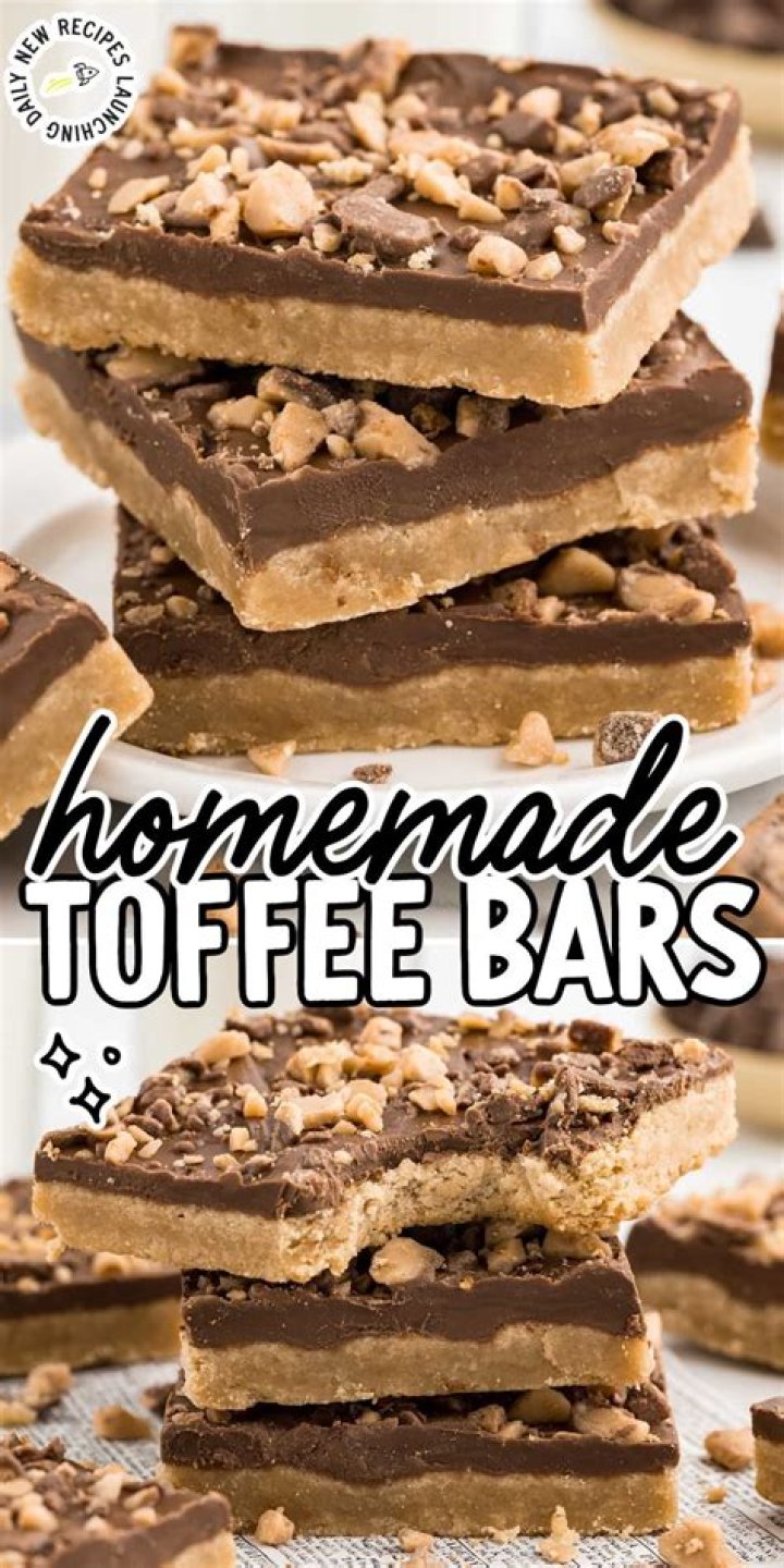 How to make toffee bars - cookie dough in a bowl, bars topped with toffee and chocolate.